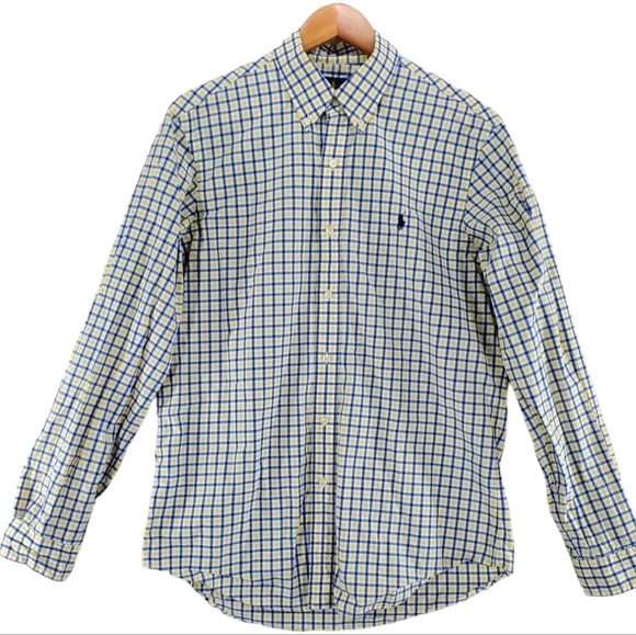 Ralph Lauren Dress Shirt Men M Check Plaid Windowpane Graph Blue Yellow Wht Logo - Picture 12 of 12